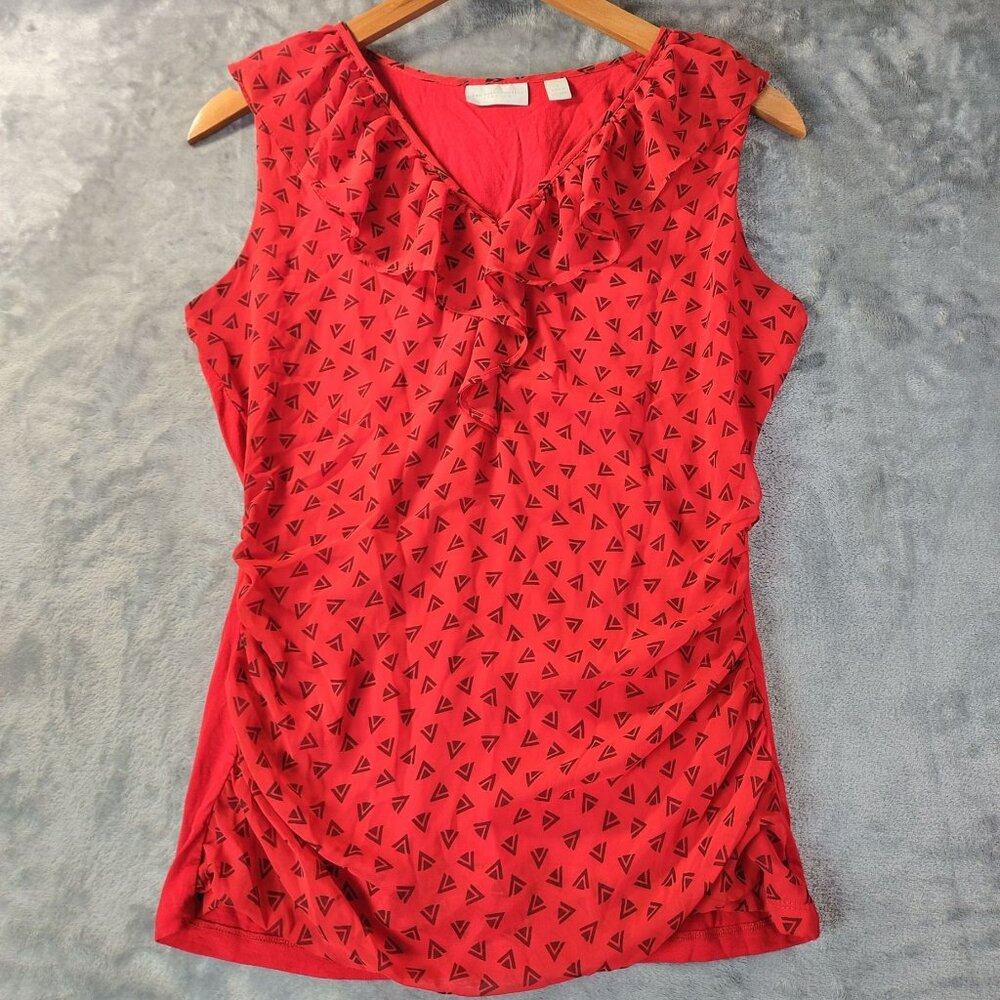 New York & Company Womens Red Ruffle V‎ Neck Sleeveless Top S Stretch Workwear